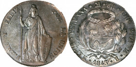 PERU. 8 Reales, 1843-LIMA MB. Lima Mint. NGC AU-50.

KM-142.10. An evenly worn and presentable Crown, with darkly toned but enticingly reflective fi...