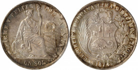 PERU. Sol, 1874-LIMA YJ. Lima Mint. PCGS MS-63.

KM-196.3. A wonderful Choice crown, this beautiful Peruvian Sol is artfully decorated with a layeri...