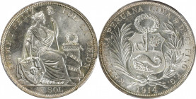 PERU. 1/2 Sol, 1914-LIMA FG. Lima Mint. PCGS MS-66.

KM-203. Doused in the charming coating of nearly blast white luster, the present specimen twirl...