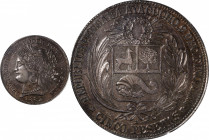 PERU. 5 Pesetas, 1882-AYACUCHO LM. Ayacucho Mint. PCGS AU-58.

KM-201.3. A popular and short-lived type, this barely handled crown offers deep gray ...