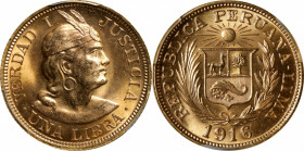 PERU. Libra, 1916-LIMA. Lima Mint. PCGS MS-64.

Fr-73; KM-207. Dazzling and exceptionally alluring, this near-Gem radiates with cartwheel luster.
...