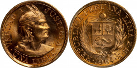 PERU. Libra, 1964-LIMA ZBR. Lima Mint. PCGS MS-65.

Fr-73; KM-207. A gorgeous Gem with full silky luster and deep golden to orange color.

Estimat...