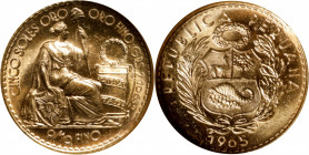 PERU. 5 Soles, 1965. Lima Mint. NGC MS-65.

Fr-82; KM-235. This attractive Gem specimen offers a swirling and glossy luster that makes this small go...