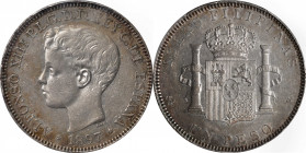 PHILIPPINES. Peso, 1897-SG V. Manila Mint. Alfonso XIII. PCGS AU-53.

KM-154; Cal-122. This charming example displays some attractive golden tone hi...