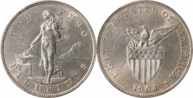 PHILIPPINES. Peso, 1904. Philadelphia Mint. PCGS MS-62.

KM-168; Allen-16.03. Verging on Choice Uncirculated qualifications, this impressively clean...