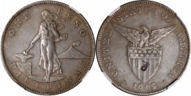 PHILIPPINES. Peso, 1905-S. San Francisco Mint. NGC VF Details--Chopmarked and Cleaned.

KM-168; Allen-16.06. Variety with curved serif on 1. Despite...