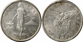PHILIPPINES. Peso, 1907-S. San Francisco Mint. PCGS AU-55.

KM-172; Allen-17.01. Generously lustrous surfaces depict peripheral flecks of amber-russ...
