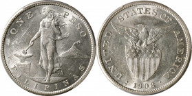 PHILIPPINES. Peso, 1908-S. San Francisco Mint. PCGS MS-60.

KM-172; Allen-17.03. This satiny argent Peso rewards careful viewers with dynamic beams ...
