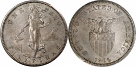 PHILIPPINES. Peso, 1909-S. San Francisco Mint. PCGS AU-55.

KM-172; Allen-17.04. This lightly circulated Peso is lightly steely gray in color and di...