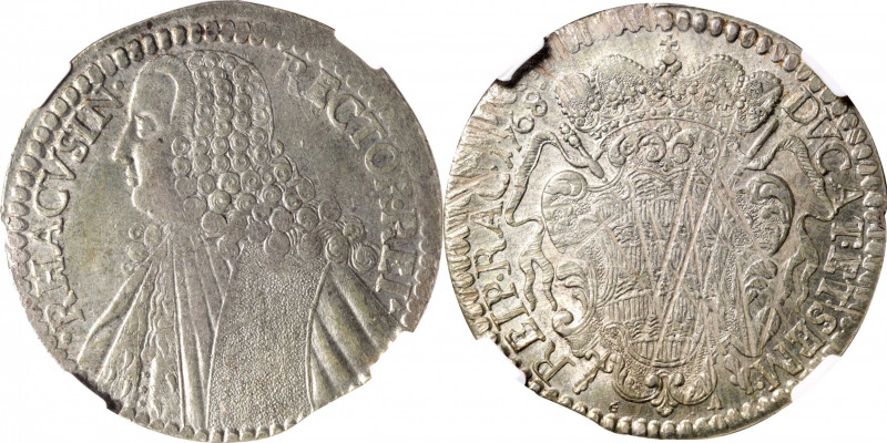 RAGUSA. Taler, 1768 GA GA. NGC AU-55.

KM-18; Dav-1639. A lustrous and flashy ...