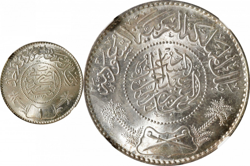 SAUDI ARABIA. Riyal, AH 1370 (1950). Abd Al-Aziz Bin Sa'ud. NGC MS-65.

KM-18....