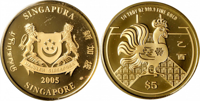 SINGAPORE. 5 Dollars, 2005. Lunar Series, Year of the Cock. Singapore Mint. GEM ...