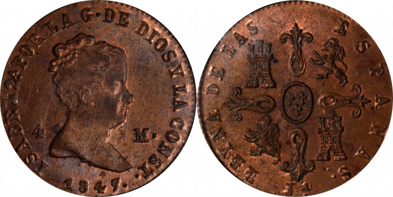 SPAIN. 4 Maravedis, 1847-JA. Jubia Mint. Isabel II. PCGS MS-64.

KM-530.2. An ...