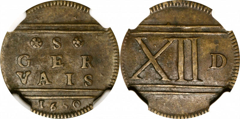 SWITZERLAND. Geneva. 12 Deniers, 1650. NGC EF Details--Tooled.

Struck in Bras...