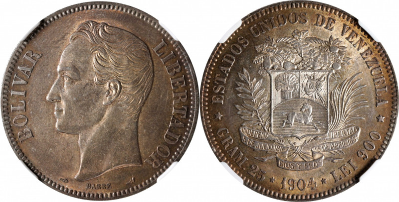 VENEZUELA. 5 Bolivares, 1904. Paris Mint. NGC AU-58.

KM-Y-24.2; Stohr-64. A h...