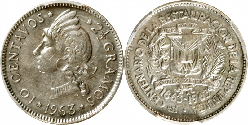 DOMINICAN REPUBLIC. 10 Centavos, 1963. PCGS SPECIMEN-63.

KM-27. A one year, 1...