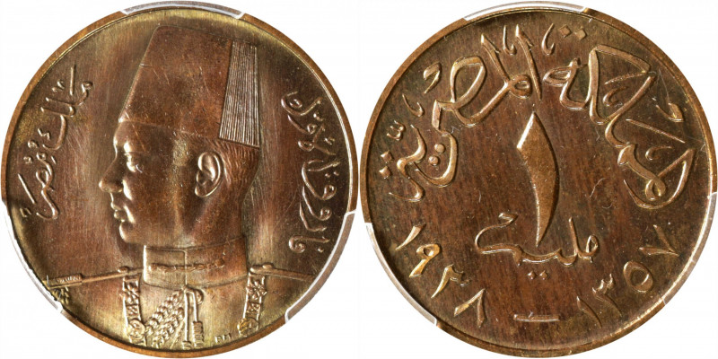 EGYPT. Mil, AH 1357/1938. Farouk I. PCGS SPECIMEN-66 Red Brown.

KM-358. A ple...