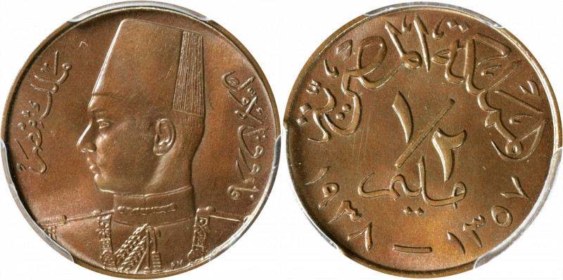 EGYPT. 1/2 Mil, AH 1357 / 1938. Farouk I. PCGS SPECIMEN-66 Brown.

KM-357. A g...