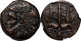 SICILY. Syracuse. Hieron II, 275-215 B.C. AE Litra, 263-218 B.C. NGC EF.

HGC-2, 1550. Obverse: Head of Poseidon left, wearing tainia; Reverse: Orna...