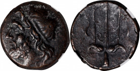 SICILY. Syracuse. Hieron II, 275-215 B.C. AE Litra, 263-218 B.C. NGC Ch VF.

HGC-2, 1550. Obverse: Head of Poseidon left, wearing tainia; Reverse: O...