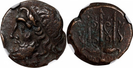 SICILY. Syracuse. Hieron II, 275-215 B.C. AE Litra, 263-218 B.C. NGC Ch VF.

HGC-2, 1550. Obverse: Head of Poseidon left, wearing tainia; Reverse: O...