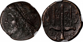 SICILY. Syracuse. Hieron II, 275-215 B.C. AE Litra, 263-218 B.C. NGC Ch VF.

HGC-2, 1550. Obverse: Head of Poseidon left, wearing tainia; Reverse: O...