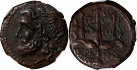 SICILY. Syracuse. Hieron II, 275-215 B.C. AE Litra, 263-218 B.C. NGC Ch VF.

HGC-2, 1550.&nbsp;Obverse: Head of Poseidon left, wearing tainia; Rever...