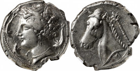 SICILY. Siculo-Punic. Entella. AR Tetradrachm (17.02 gms), ca. 320/15-300 B.C. NGC AU, Strike: 3/5 Surface: 4/5.

HGC-2, 289.&nbsp;Obverse: Wreathed...