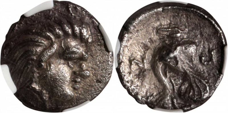 BOSPOROS. Pantikapaion. AR Obol (0.79 gms), ca. 380-370 B.C. NGC AU, Strike: 5/5...