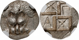 BOSPORUS. Pantikapaion. AR Diobol (1.51 gms), ca. 430-420 B.C. NGC Ch AU, Strike: 4/5 Surface: 3/5.

HGC-7, 38. Obverse: Lion's head facing; Reverse...