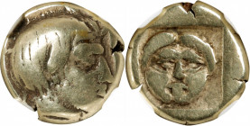LESBOS. Mytilene. EL Hecte (2.54 gms), ca. 454-428/7 B.C. NGC F, Strike: 4/5 Surface: 4/5.

HGC-6, 980; Bodenstedt-54. Obverse: Head of Aktaeon righ...