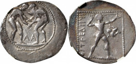 PAMPHYLIA. Aspendos. AR Stater (10.67 gms), ca. 380/75-330/25 B.C. NGC Ch VF, Strike: 3/5 Surface: 4/5.

SNG BN-81. Obverse: Two wrestlers grappling...