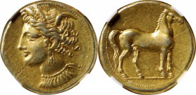 ZEUGITANA. Carthage. EL Stater (7.45 gms), Carthage Mint, ca. 290-270 B.C. NGC Ch EF, Strike: 4/5 Surface: 3/5.

MAA-13.&nbsp;Obverse: Head of Tanit...