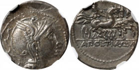 ROMAN REPUBLIC. Appius Claudius Pulcher, T. Manlius Mancius & Q. Urbinius. AR Denarius (3.83 gms), Rome Mint, 111-110 B.C. NGC EF, Strike: 4/5 Surface...