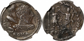 ROMAN REPUBLIC. P. Cornelius Lentulus Marcellinus. AR Denarius (3.84 gms), Rome Mint, 100 B.C. NGC Ch VF, Strike: 5/5 Surface: 3/5. Banker's Mark.

...