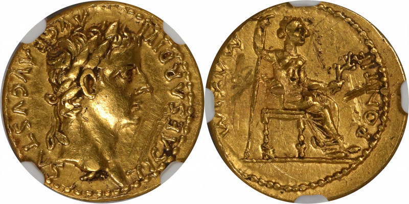 TIBERIUS, A.D. 14-37. AV Aureus (7.28 gms), Lugdunum Mint, A.D. 18-35. NGC Ch EF...