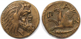 Griechische Münzen, BOSPORUS. Pantikapaion. Perisad I, 345-310 v. Chr. Tetrahalk 330 - 315 v. Chr. Vs.: Kopf Pan (Satyr) rechts. Rs.: ПАN, Vorderteil ...