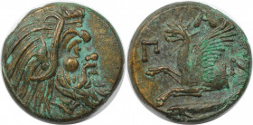 Griechische Münzen, BOSPORUS. Pantikapaion. Perisad I, 345-310 v. Chr. Tetrahalk 330-315 v. Chr. Vs.: Kopf Pan (Satyr) rechts. Rs.: ПАN, Vorderteil de...
