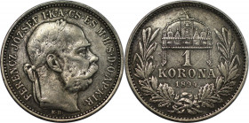 RDR – Habsburg – Österreich, RÖMISCH-DEUTSCHES REICH. Österreich-Ungarn. Franz Joseph I. 1 Korona 1894 KB. Silber. KM 484. Fast Vorzüglich