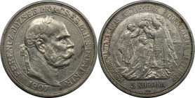 RDR – Habsburg – Österreich, RÖMISCH-DEUTSCHES REICH. Österreich-Ungarn. 40 Jahre Krönung von Franz Joseph I. 5 Korona 1907 KB. Silber. KM 489. Fast V...