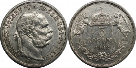 RDR – Habsburg – Österreich, RÖMISCH-DEUTSCHES REICH. Österreich-Ungarn. Franz Joseph I. 5 Korona 1908 KB. Silber. KM 488. Sehr schön+