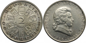 RDR – Habsburg – Österreich, REPUBLIK ÖSTERREICH. 175 Jahre - Wolfgang Amadeus Mozart. 2 Schilling 1931. 12,0 g. 0.640 Silber. 0.25 OZ. KM 2847. Stemp...