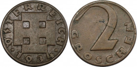 RDR – Habsburg – Österreich, REPUBLIK ÖSTERREICH. 2 Groschen 1934. Bronze. KM 2837. Vorzüglich. Seltenster Jahrgang!