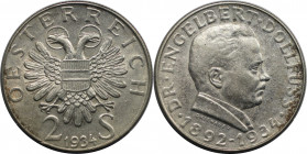 RDR – Habsburg – Österreich, REPUBLIK ÖSTERREICH. Engelbert Dollfuß. 2 Schilling 1934. 12,0 g. 0.640 Silber. 0.25 OZ. KM 2852. Stempelglanz