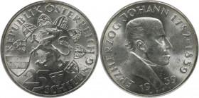 RDR – Habsburg – Österreich, REPUBLIK ÖSTERREICH. 100. Todestag von Erzherzog Johann. 25 Schilling 1959. 13,0 g. 0.800 Silber. 0.33 OZ. KM 2887. Stemp...