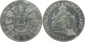RDR – Habsburg – Österreich, REPUBLIK ÖSTERREICH. 40 Jahre Burgenland. 25 Schilling 1961. 13,0 g. 0.800 Silber. 0.33 OZ. KM 2891. Stempelglanz, Kl.Kra...