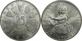 RDR – Habsburg – Österreich, REPUBLIK ÖSTERREICH. 300. Geburtstag vo Prinz Eugen von Savoyen. 25 Schilling 1963. 13,0 g. 0.800 Silber. 0.33 OZ. KM 289...