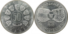 RDR – Habsburg – Österreich, REPUBLIK ÖSTERREICH. 600 Jahre Tirol. 50 Schilling 1963. 20,0 g. 0.900 Silber. 0.58 OZ. KM 2894. Stempelglanz, Kl.Kratzer...