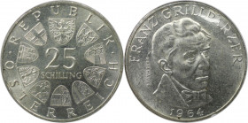 RDR – Habsburg – Österreich, REPUBLIK ÖSTERREICH. Franz Grillparzer. 25 Schilling 1964. 13,0 g. 0.800 Silber. 0.33 OZ. KM 2895. Stempelglanz, Kl.Kratz...