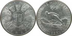 RDR – Habsburg – Österreich, REPUBLIK ÖSTERREICH. IX Olympische Winterspiele, Innsbruck. 50 Schilling 1964. 20,0 g. 0.900 Silber. 0.58 OZ. KM 2896. St...